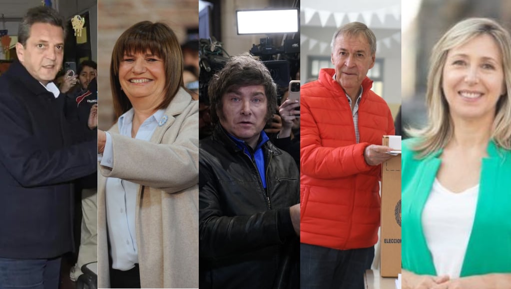 Los cinco candidatos a presidente: Massa, Bullrich, Milei, Schiaretti y Bregman.