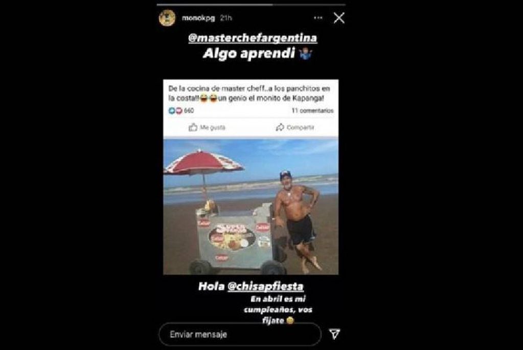 La publicación que se hizo viral de Martín Fabio vendiendo panchis en la playa.