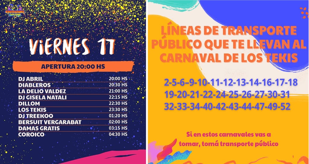 La grilla de artistas anunciada para este viernes y las líneas de colectivos que llegan hasta el predio donde se desarrolla el Carnaval de Los Tekis.