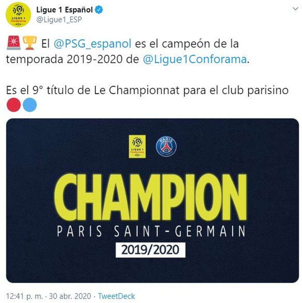 PSG fue declarado campeón de la Ligue 1 de Francia. (Twitter/@Ligue1_ESP)