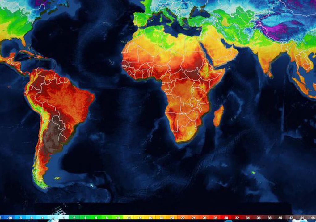 El mapa que muestra las altas temperaturas en Sudamérica y en particular en la Argentina.