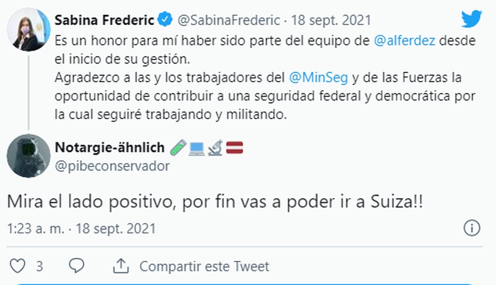 Sabina Frederic se despidió del Gobierno por las redes y los usuarios ironizaron con la Embajada de Suiza
