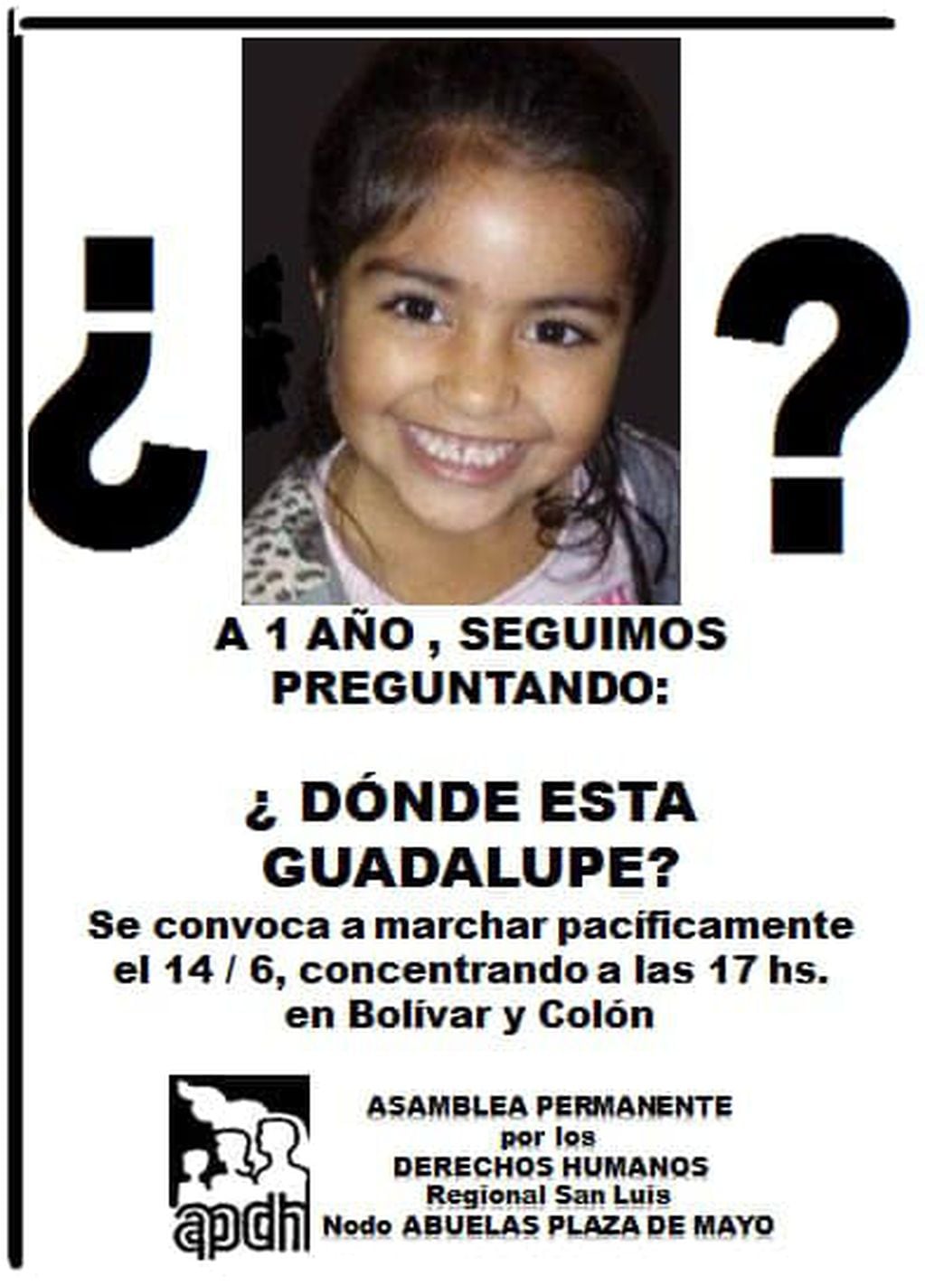 Convocatoria a la marcha por el año de la desaparición de Guadalupe Lucero.