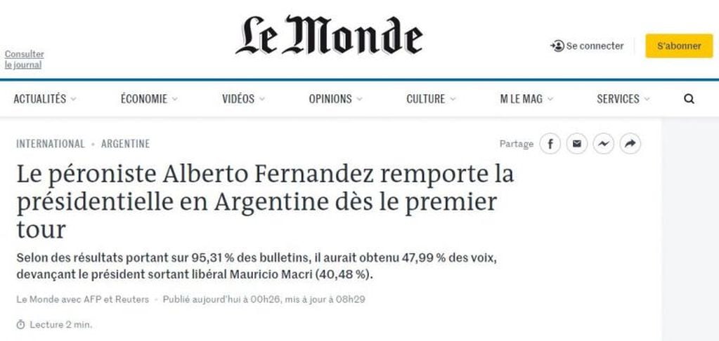 Le Monde: "El peronista Alberto Fernández gana las elecciones presidenciales en Argentina en la primera vuelta".