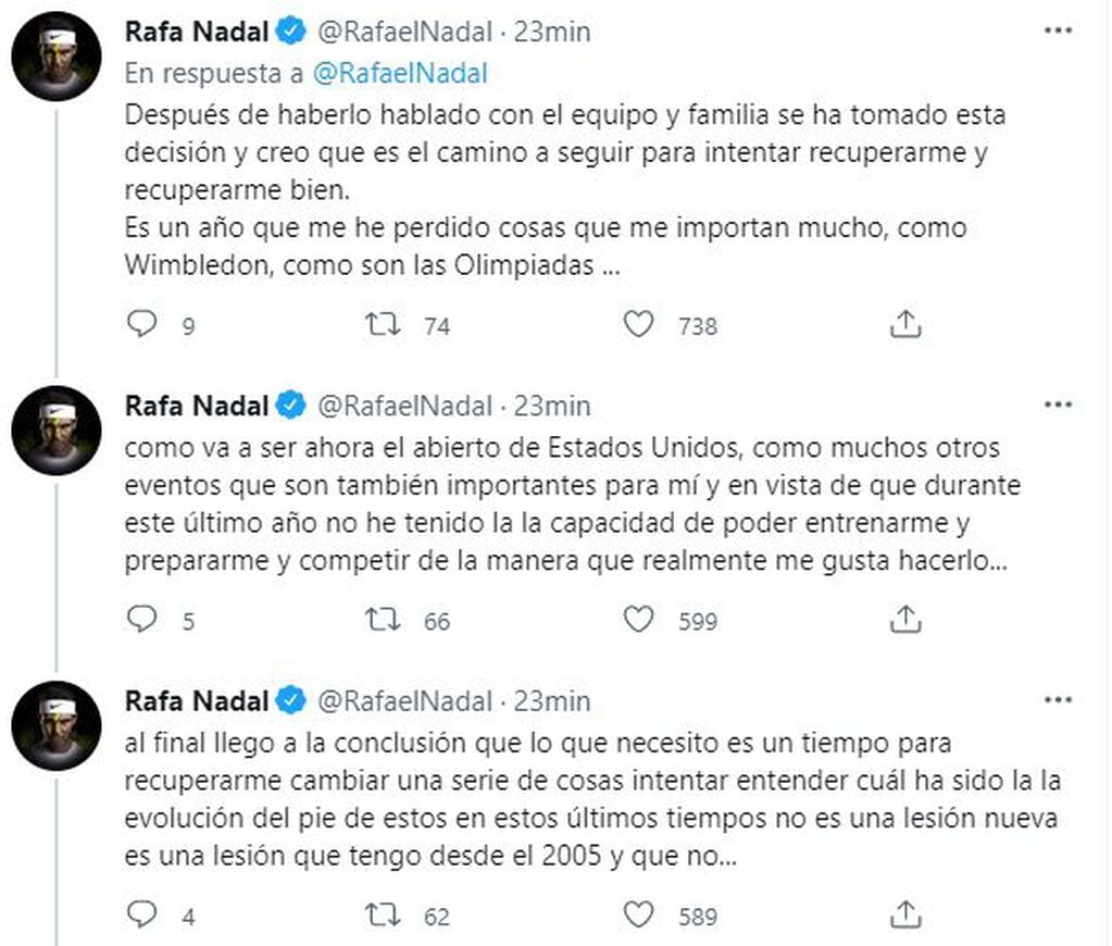 El tenista español Rafael Nadal comunicó que no jugará más durante 2021, debido a una lesión en su pie.