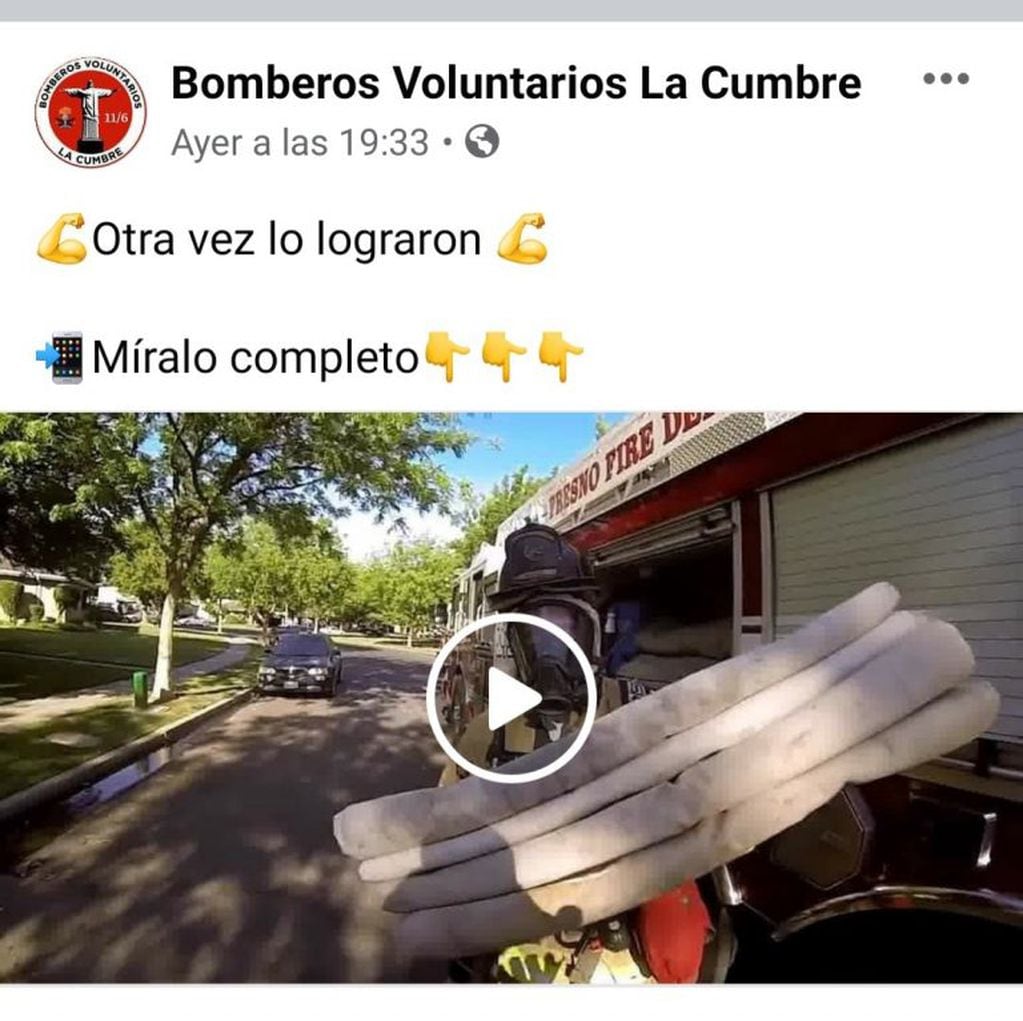 Bomberos Voluntarios La Cumbre y su reciente publicación en Facebook.