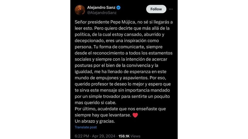 Dedicatoria de Alejandro Sanz a Pepe Mujica.
