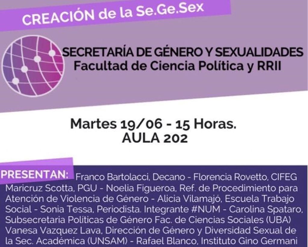 Creación de la Secretaría de Género y Sexualidades en la Facultad de Ciencia Política y Relaciones Internacionales. (Facebook)
