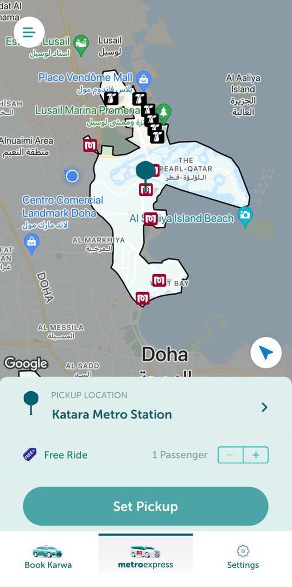 Para pedir un viaje gratuito en Karwa se debe ir a la pestaña "Metro Express". Allí se verá la zona donde funciona el servicio.