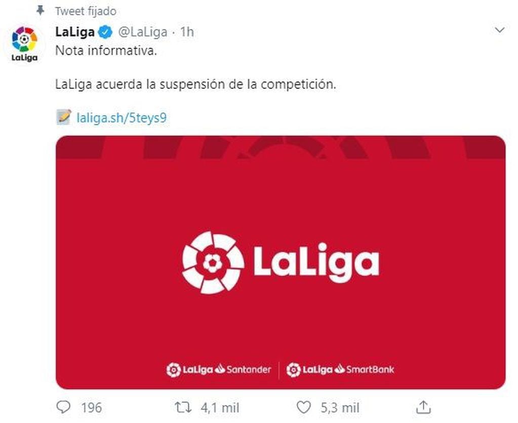 Se suspendió La Liga. (Twitter)