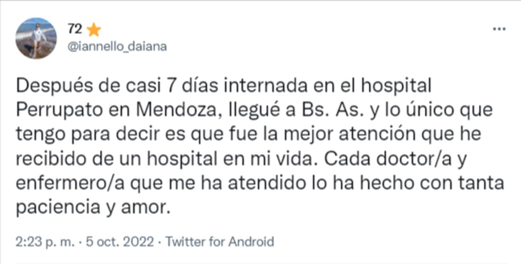 El agradecimiento a los trabajadores de salud que la atendieron en Mendoza.