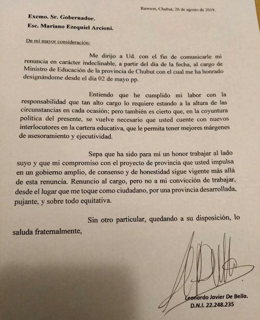 La renuncia de Leandro De Bella que presentó ante el Gobierno.