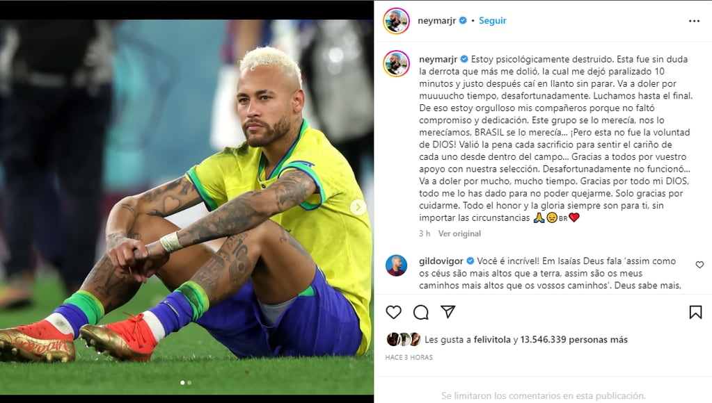 "Estoy destruido psicológicamente", el duro posteo de Neymar tras la eliminación de Brasil del Mundial
