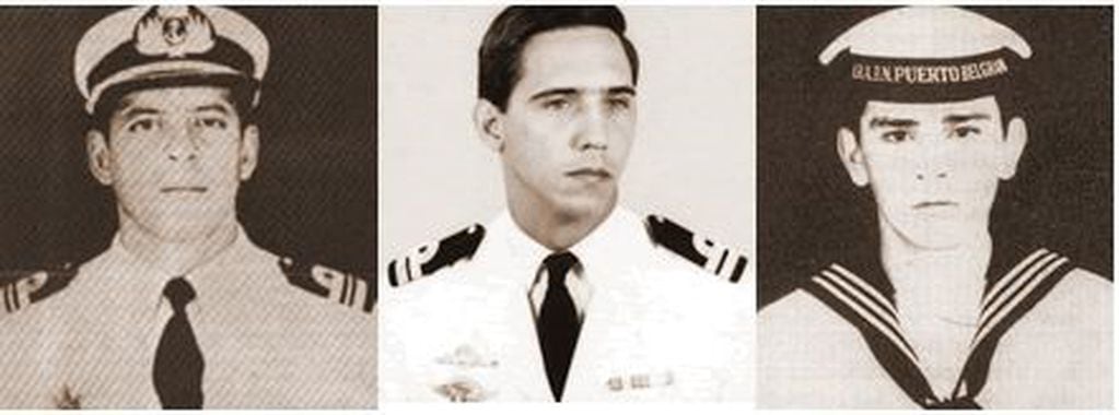 Capitán Giachino, Teniente García Quiroga y Cabo Urbina. Los tres heridos en la recuperación de las islas. Posteriormente, las tropas iban a enterarse que Giachino había fallecido.