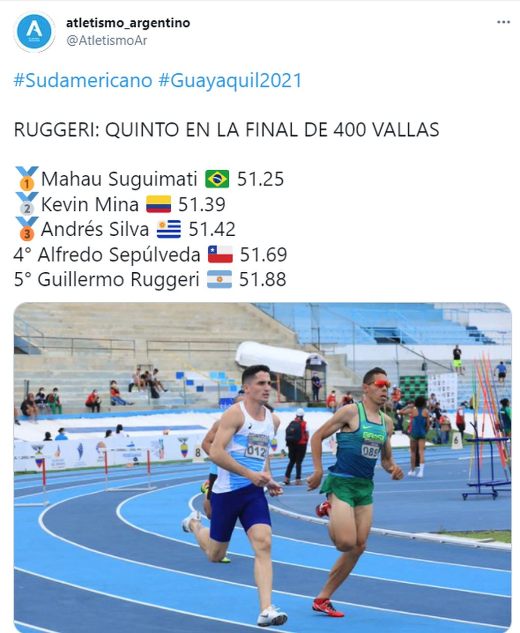 Guillermo Ruggeri quedó quinto en la final de 400 con vallas, con 51.88, en el Sudamericano de Atletismo.
