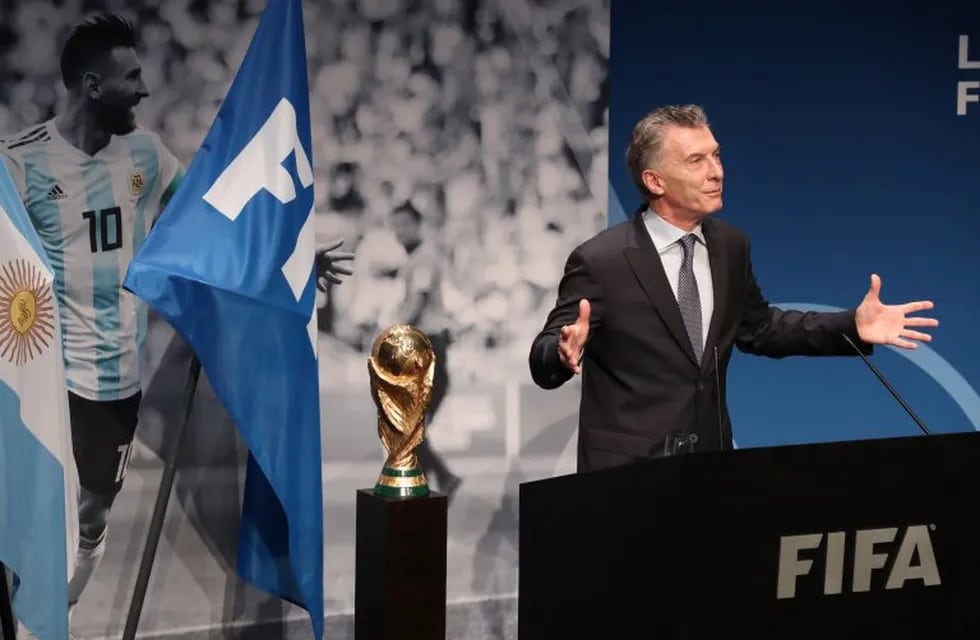 Handout picture released by Argentina's Presidency showing Argentinian President Mauricio Macri speaking after receiving the FIFA Living Football Award in Zurich on June 30, 2019. (Photo by HO / Argentinian Presidency / AFP) / RESTRICTED TO EDITORIAL USE - MANDATORY CREDIT \