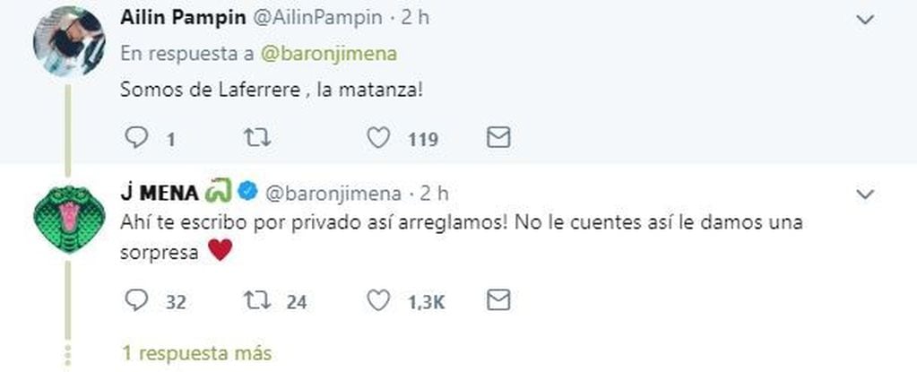 La respuesta de Jimena Barón. (Twitter)