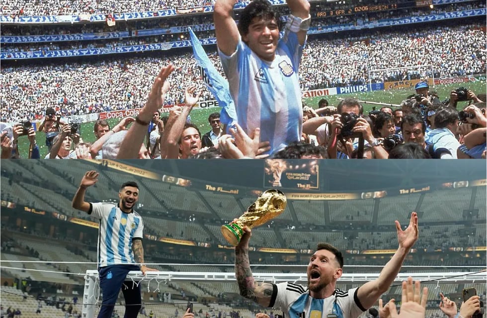 Maradona y Messi con la copa del mundo. Inmortales. (La Voz)