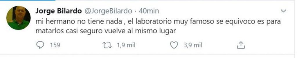 El tweet del hermano de Carlos Bilardo (Captura Twitter)