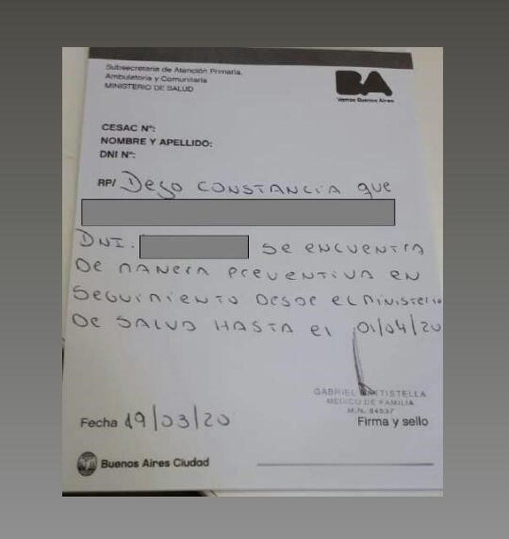 Certificado médico presentado por el abogado Vitale
Crédito: ElDía