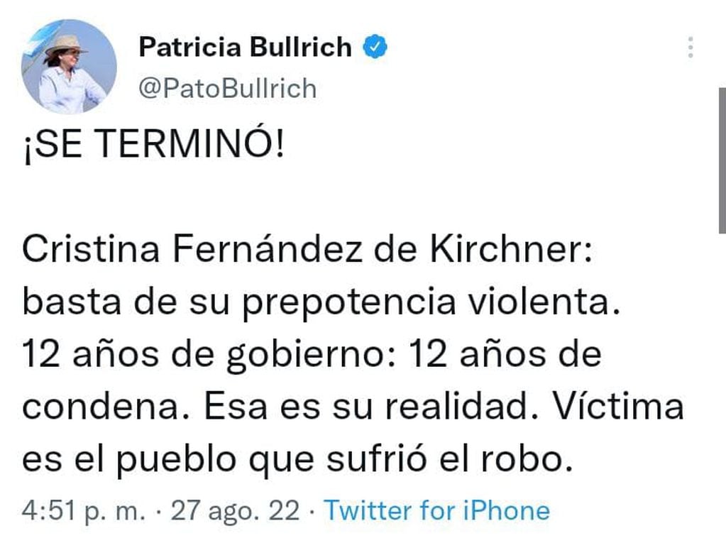 El tuit de Patricia Bullrich al que hizo referencia Cristina Kirchner.