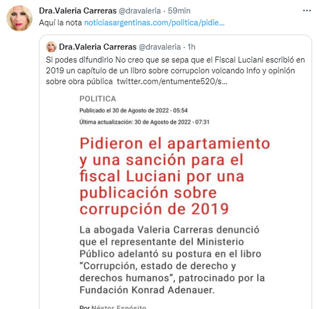 Valeria Carreras pidió el apartamiento del fiscal Diego Luciani.