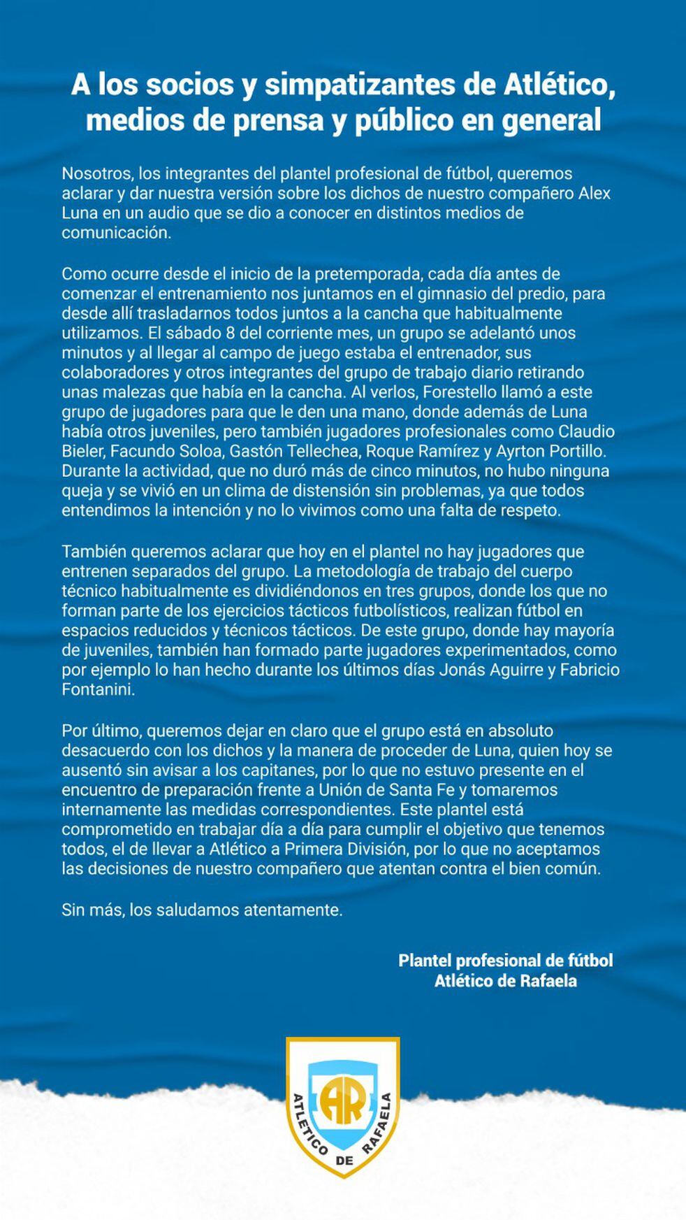Comunicado del plantel de Atlético de Rafaela, respondiéndole a Alex Luna