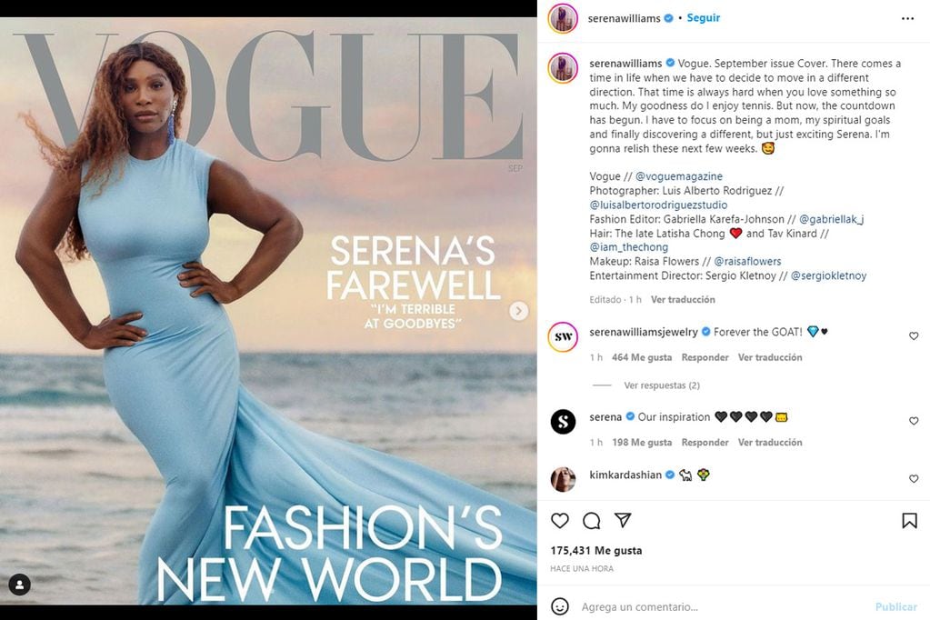 El posteo de Serena Williams para compartir la nota de Vogue en la que anuncia sus objetivos, más lejanos ahora del tenis. (@serenawilliams)