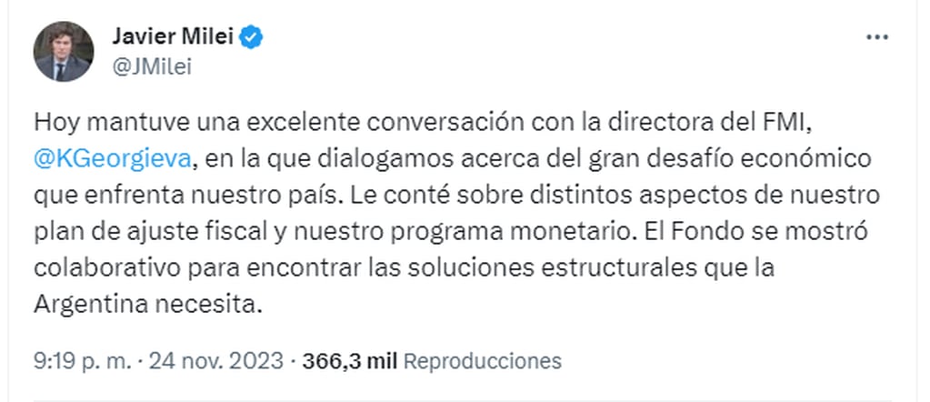 El tuit de Javier Milei.