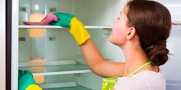 Mujer limpiando su heladera