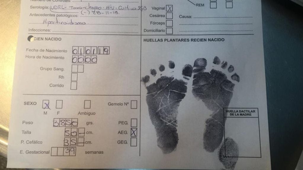 Ficha médica del primer bebé mendocino del año.