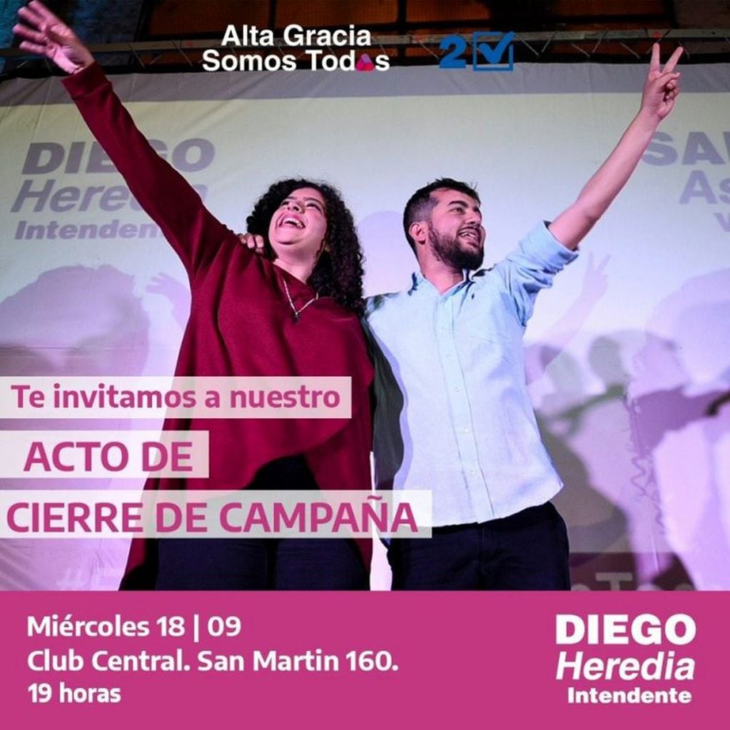 Alta Gracia: Diego Heredia y Saira Asua cerrarán su campaña con un acto en el Club Central.