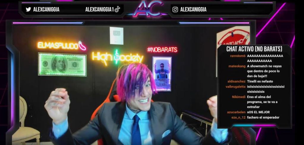 Alex Caniggia durante su transmisión por Twitch.
