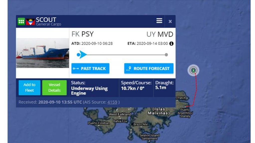 El buque de carga "Scout", realiza operaciones periódicas de reabastecimiento entre Uruguay y Malvinas. Actualmente navega rumbo a la ciudad de Montevideo.