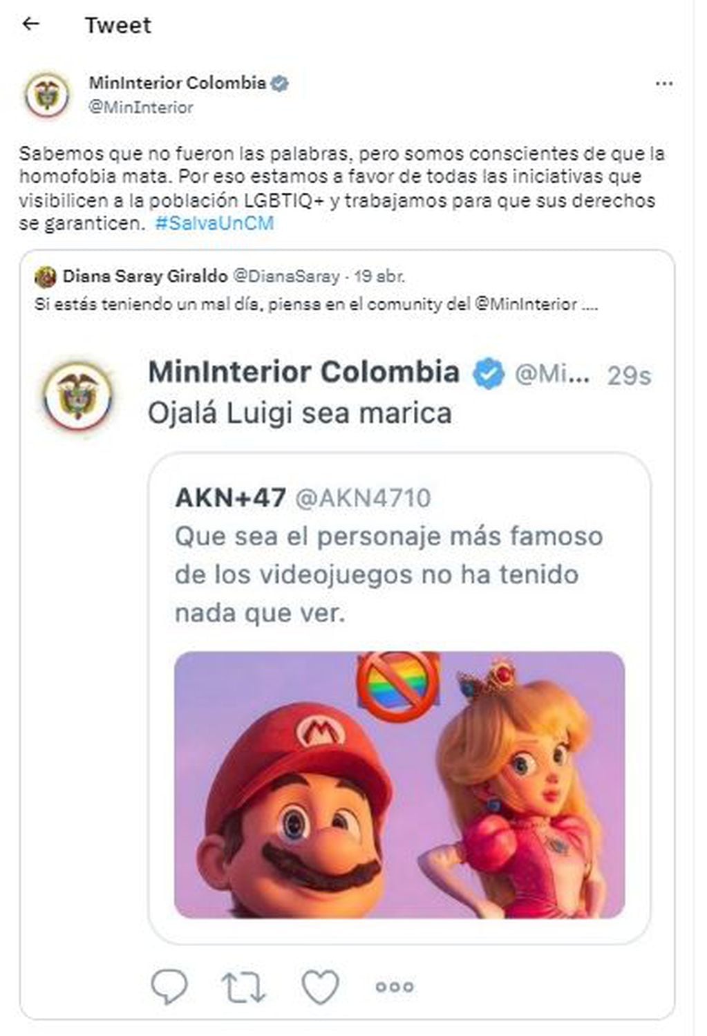 Captura de la respuesta del Ministerio del Interior de Colombia tras la polémica.