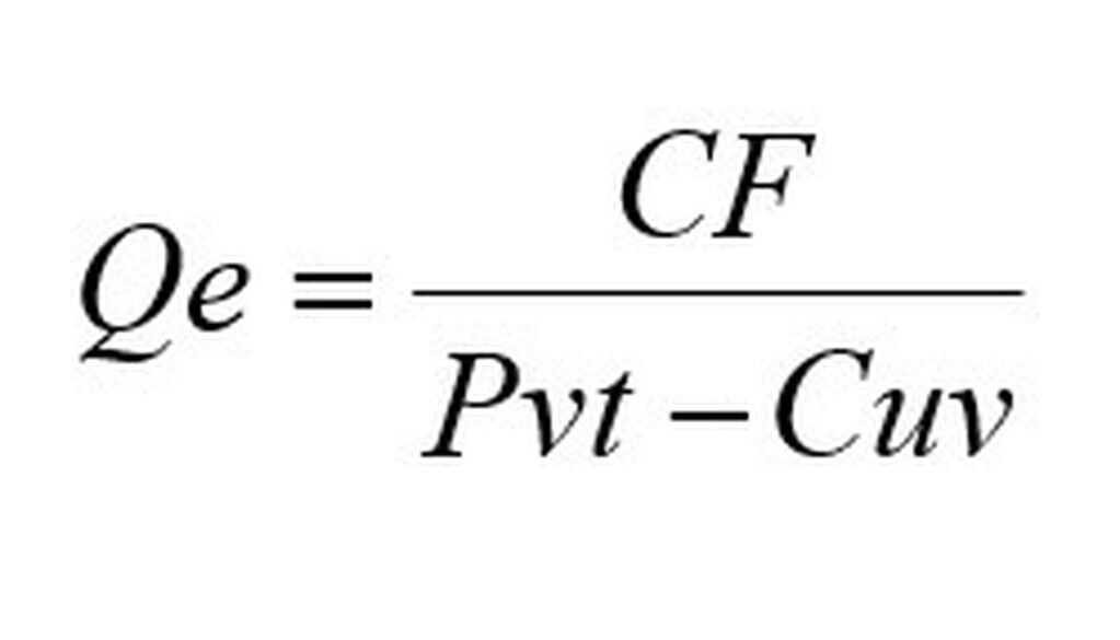 Donde:
Qe - Cantidad de equilibrio
CF - Costos Fijos
Pvt - Precio de venta unitario
Cuv - Costo Unitario Variable