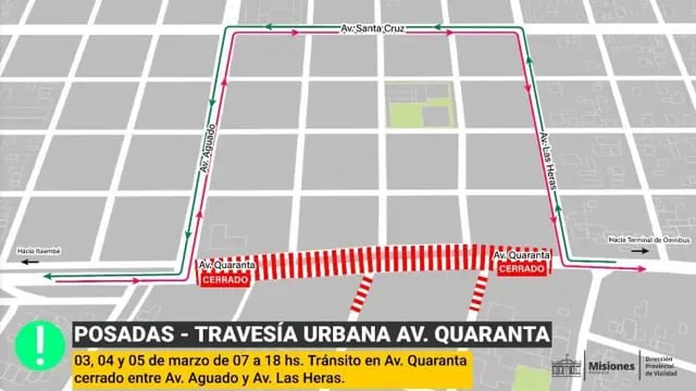 Por obras de Travesía Urbana, habrá interrupción del tránsito en avenidas de Posadas
