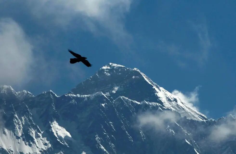 A Bird flies as Mount Everest is seen from Namche Bajar, Solukhumbu district, Nepal, Monday, May 27, 2019. (AP Photo/Niranjan Shrestha)