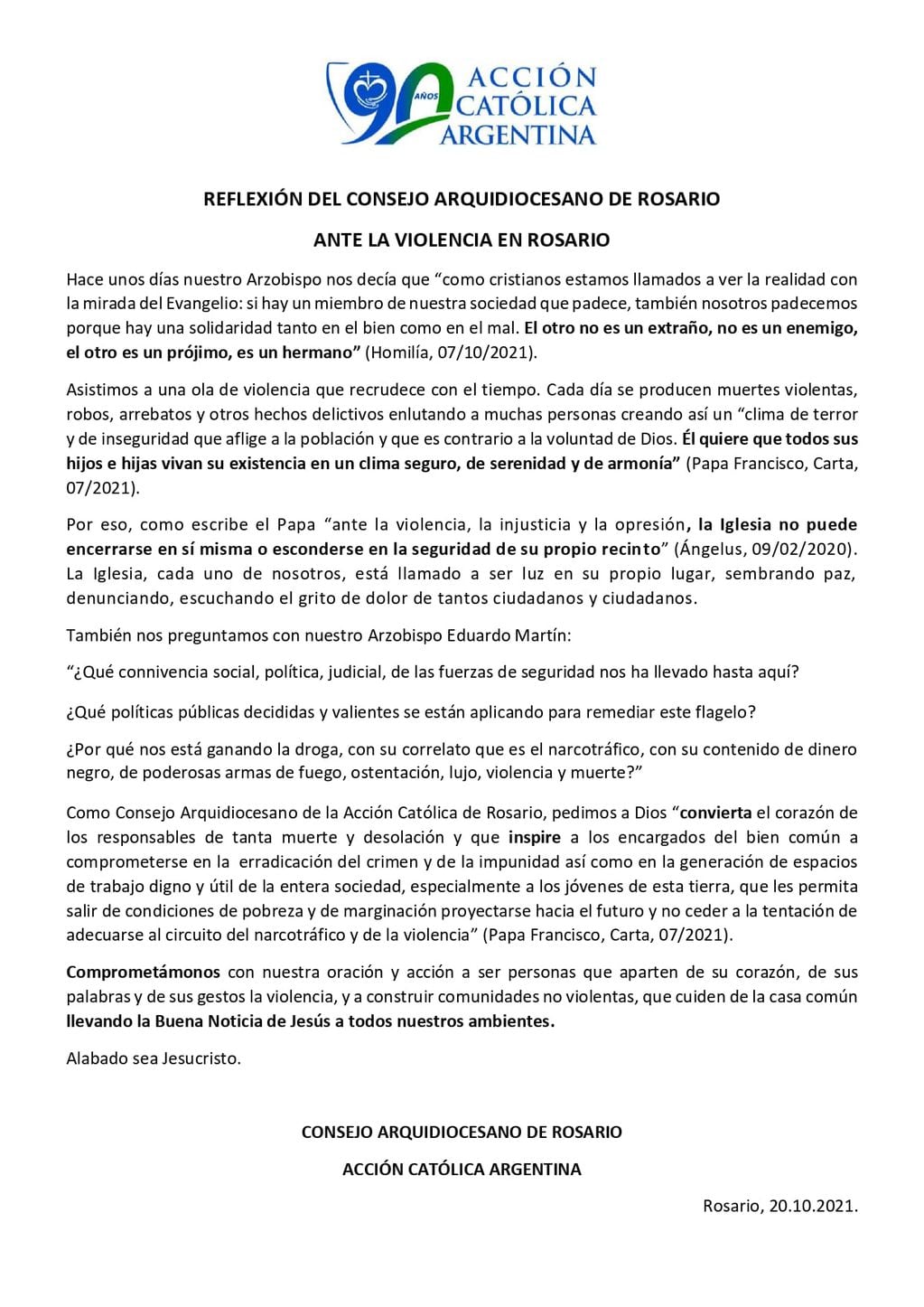 El comunicado de Acción Católica Argentina se dio a conocer dos días después de un encuentro por la paz en Rosario.