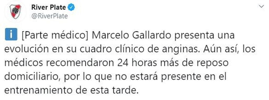Marcelo Gallardo seguirá con reposo y no estará en la práctica de este jueves. (Twitter/@RiverPlate)