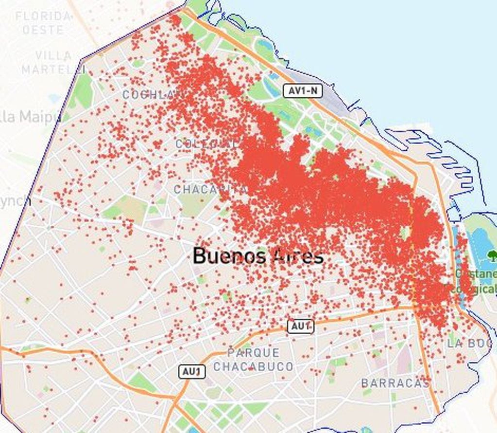 Cada punto rojo es una vivienda destinada al alquiler por AirBnb en la Caba. Datos Sep 22