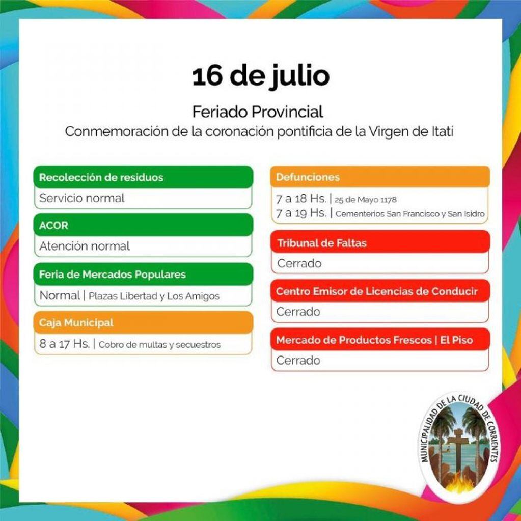 Servicios municipales por el feriado correntino de la Virgen de Itatí