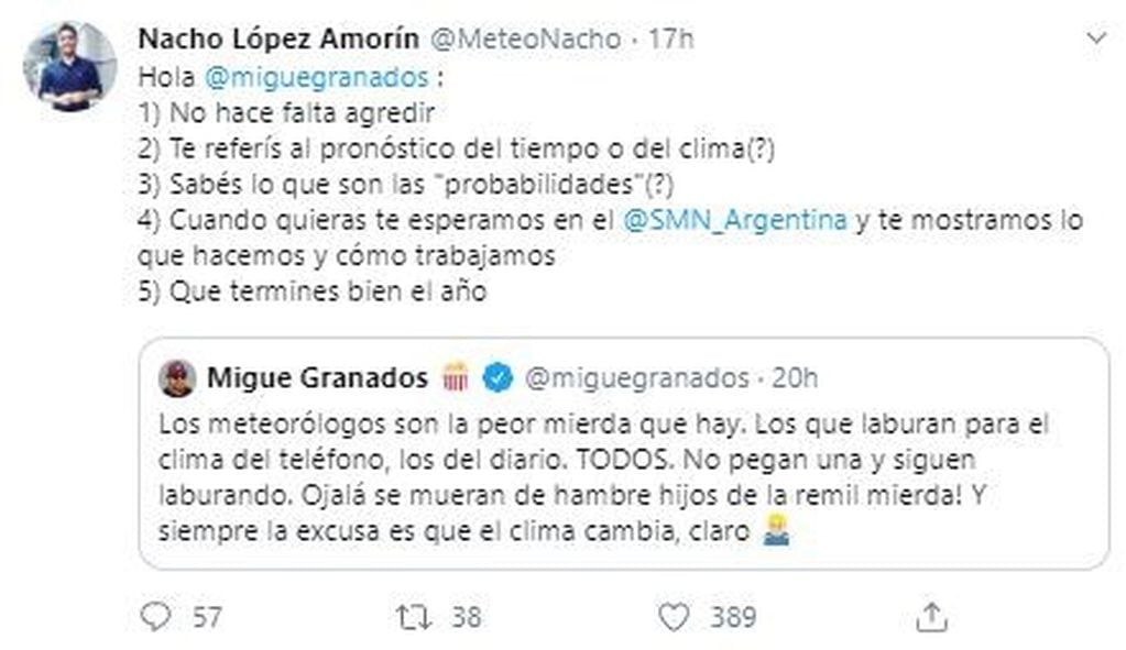 Nacho Amorín también le respondió a Migue Granados (Captura de Twitter/ @MeteoNacho)