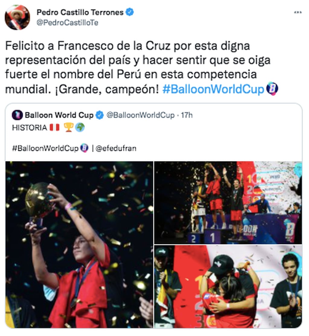 El tuit del presidente de Perú, Pedro Castillo Terrones, tras el título en el Mundial de Globos.