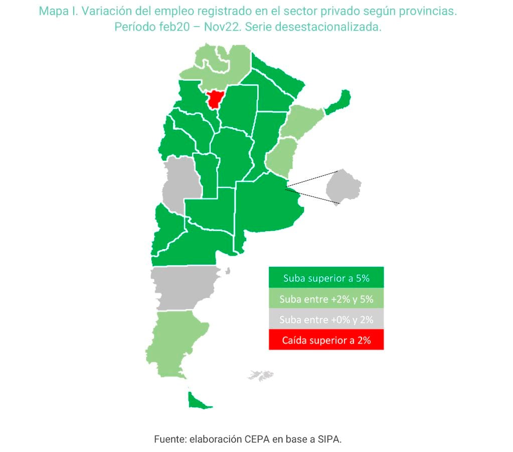 El mapa de empleo privado en la Argentina.
