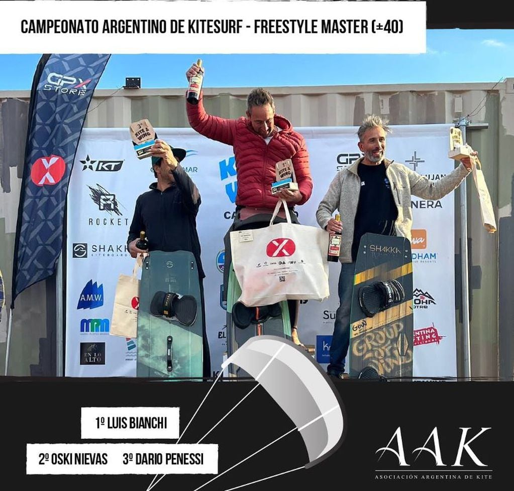 Campeonato Argentino de Kitesurf en Potrerillos. Podio Freestyle Máster +40