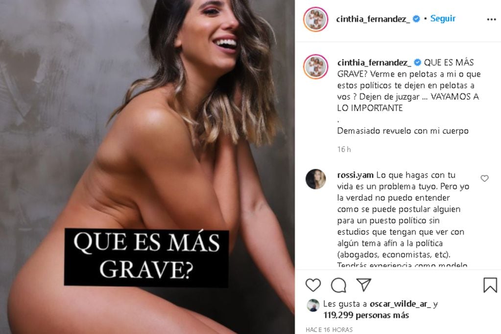 El polémico posteo de Cinthia Fernández. (Instagram)