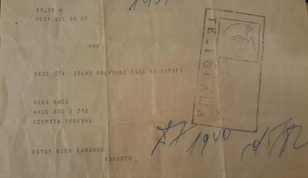 Uno de los telegramas con los que Roberto se comunicaba con su familia desde las islas.