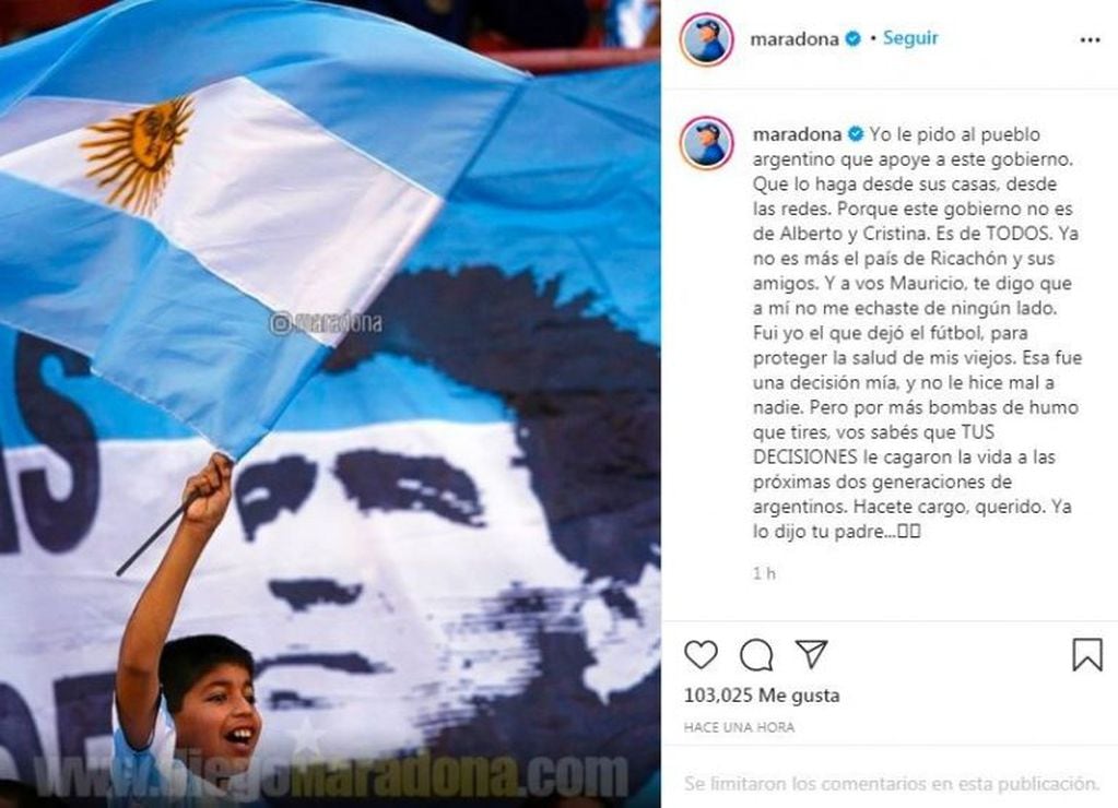 La respuesta de Diego Maradona a Mauricio Macri. (Instagram/@maradona)