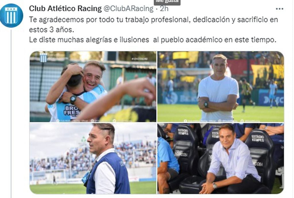 Racing agradeció a Hernán Medina su paso por Nueva Italia. La Tota dirigirá en Honduras.